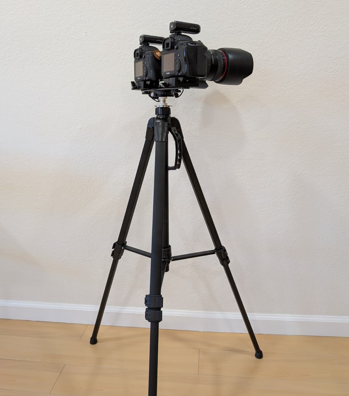 Stereo camera assembly — two Canon EOS 6D DSLRs on a precision rig