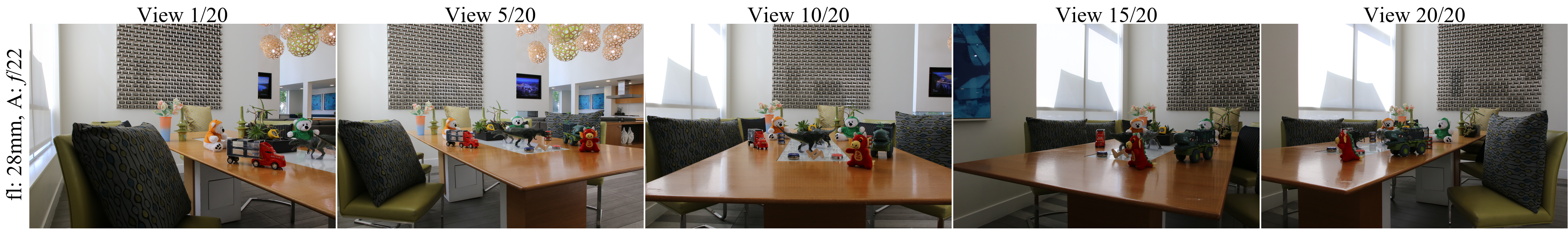 5 of 20 viewpoints captured per focal configuration per scene
